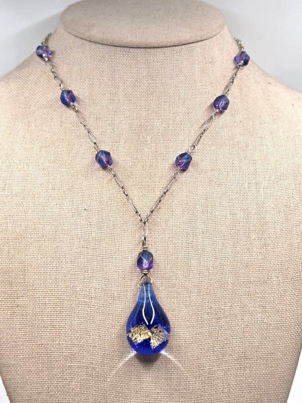 Murano Blue Glass Necklace With Gold Accent Pendant And Purple Beads